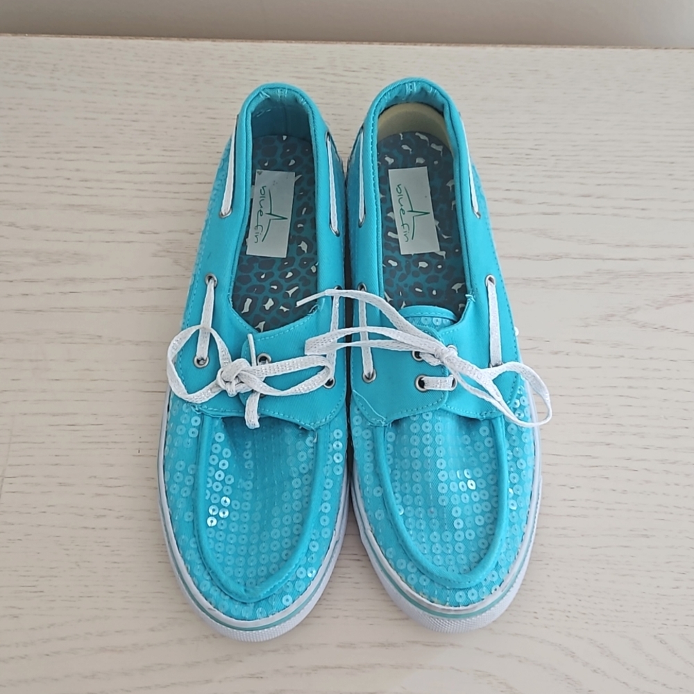 Blue Fin Teal Sequin Moccasin Flats Boat Shoes